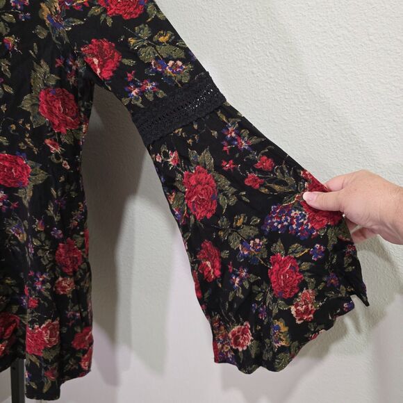 Dark Floral Open Back Top Womens Lge Flare Sleeve Fairy Grunge Moody Cottagegoth - Picture 4 of 7